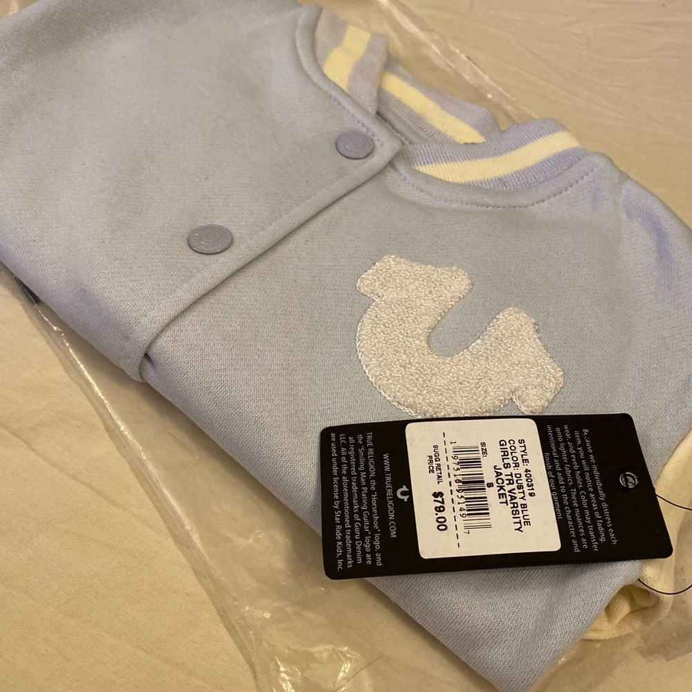 True Religion Girls Varsity Jacket Dusty Blue Size S NWT Style 400319